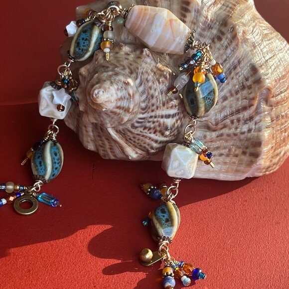 Boho Dangle Bracelet, Banded Agate Gemstone, Ceramic Beads, Wire Wrapped Dangles - Picture 10 of 15